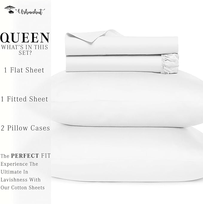 URBANHUT 700 Thread Count Egyptian Cotton Sheets Queen Size, 4Pc Sheet Set Soft Luxury Bed Sheets for Queen Size Bed, Sateen Weave Hotel Sheets, 16'' Elasticized Deep Pocket - White