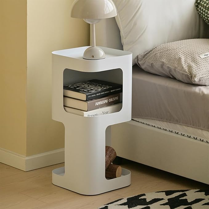Modern Side Table,Small end Table for Small Spaces,Metal nightstand with Storage Shelf,Space-Saving Bedside Table Accent Table Drink Tables for Living Room,Bedroom.No Assembly Required (White)