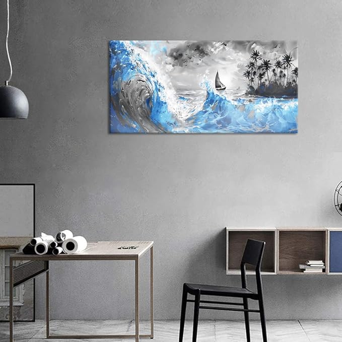 Blue Waves and Sailboat On Black and White Background Wall Art Decor Artwork for Living Room (30x60 Inches)