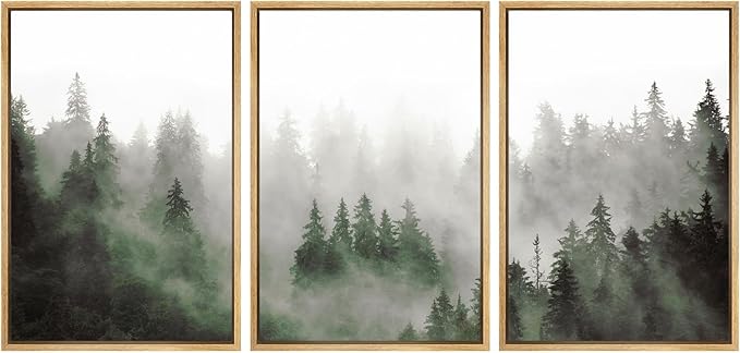 SIGNWIN Framed Canvas Print Wall Art Woodland Nursery Decor Set Fog & Mist Over Green Pine Tree Forest Nature Wilderness Modern Art Chic Landscape for Living Room, Bedroom, Office - 16"x24"x3 Natural