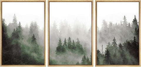 SIGNWIN Framed Canvas Print Wall Art Woodland Nursery Decor Set Fog & Mist Over Green Pine Tree Forest Nature Wilderness Modern Art Chic Landscape for Living Room, Bedroom, Office - 16"x24"x3 Natural