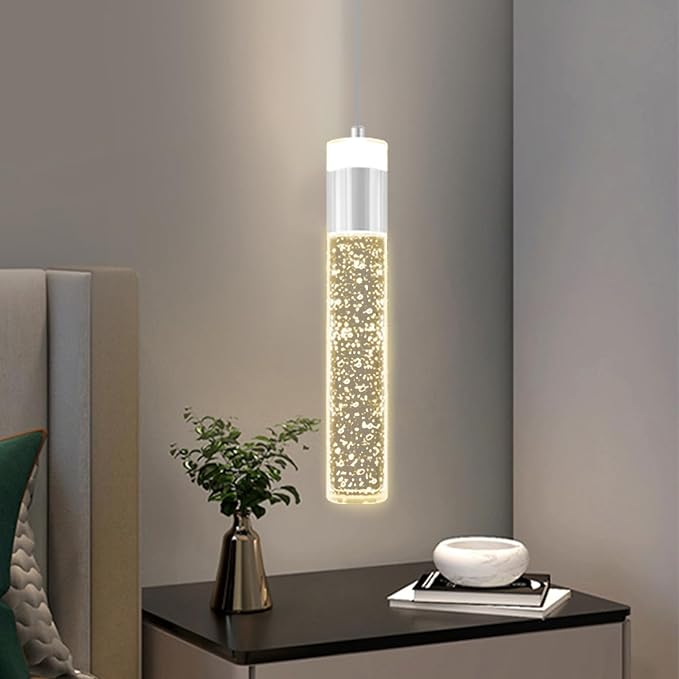 Modern LED Chrome Crystal Pendant Light Kitchen Island, Bedroom Bedside Hanging Ceiling Lamp with Crystal Bubble Column, Dimmable 3000k-6000k 1-Light Independent