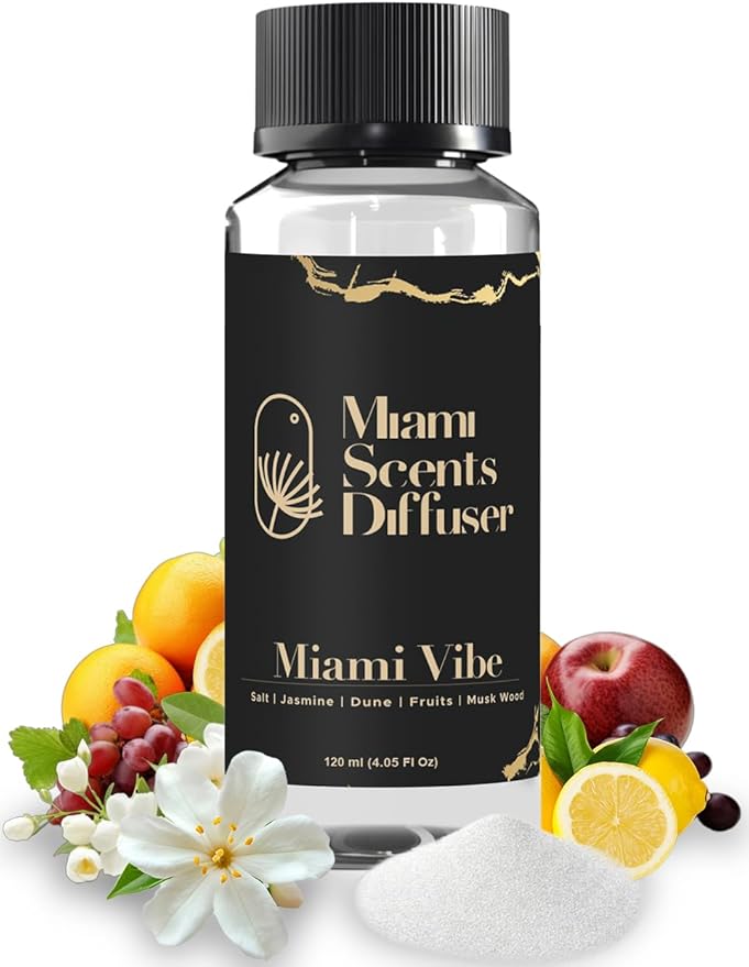 Miami Vibe Scent Inspired by Fontainebleau Hotel 4 Fl Oz - 120 ml Essential Oils Aroma for Home Office Diffuser Luxury Fragance Refill Aromatherapy Fresh Blend of Jasmine, Dune, Fruits and Musk Wood.