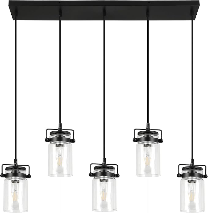Pendant Lighting for Kitchen Island, Dining Room Light Fixture Black, 5-Light Hanging Linear Chandeliers with Clear Glass Shade Farmhouse Chandeliers for Dining Room(E26 Bulb Base)