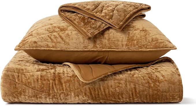EVERGRACE Luxury Velvet Quilt King Size, Ultra Soft Wave Crushed Velvet Bedding Set, Lightweight Quilted Comforter Set for All Season, Oversized Bedspread Coverlet with 2 Shams, Harvest Gold