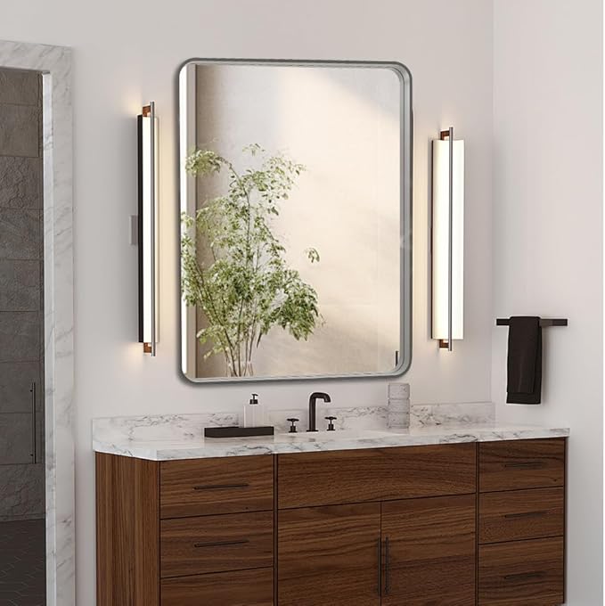 Brushed Nickel 30x36 Inch Metal Framed Mirror for Wall, Large Rounded Rectangle Mirror, Anti-Rust, Tempered Glass, Hangs Horizontally or Vertically