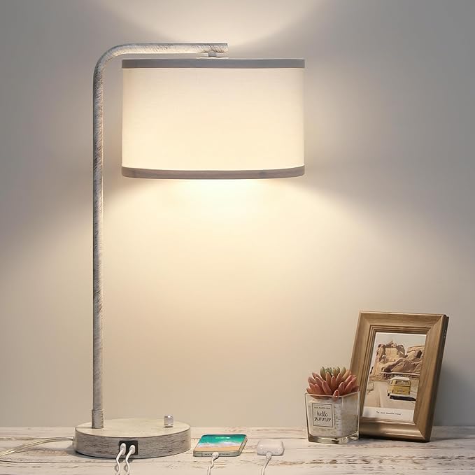 Bedside Table Lamp with USB C+A Charging Ports, Fully Stepless Dimmable Modern Farmhouse Nightstand Lamp, Tall Reading Desk Lamp for Bedroom, Living Room, Office, 9W LED Bulb Included