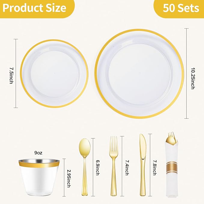 Goodluck 350 Piece Gold Plastic Dinnerware Set for Party, Clear Disposable Plates for 50 Guests, Include: 50 Dinner Plastic Plates, 50 Dessert Plates, 50 Pre Rolled Napkins with Cutlery Set, 50 Cups