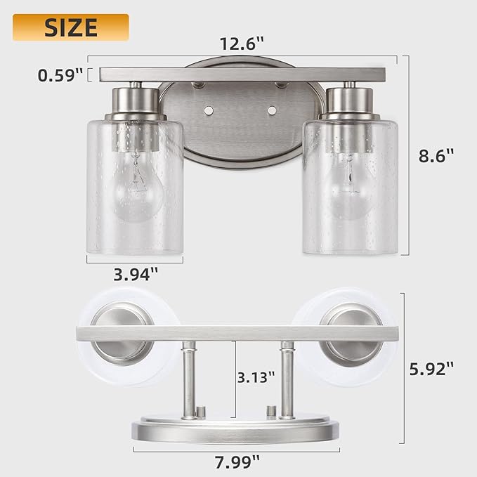 Bathroom Vanity Light Fixtures Over Mirror, Seeded Glass Bathroom Vanity Light, 2 Light Brushed Nickel Bathroom Light Fixtures with Clear Glass, Modern Rustproof Vanity Light Wall Mount