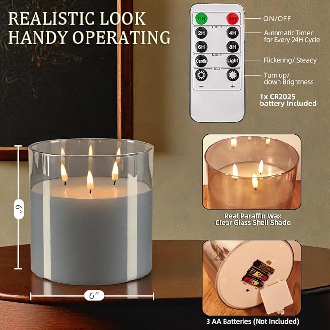 NICEME Extra Large 3 Wick Battery Operated Candle, 6"x6" Big Clear Glass Flameless Candles with Remote, Real Wax Flickering Led Pillar Fake Giant Candle for Wedding Party Holiday Home Decor, Grey