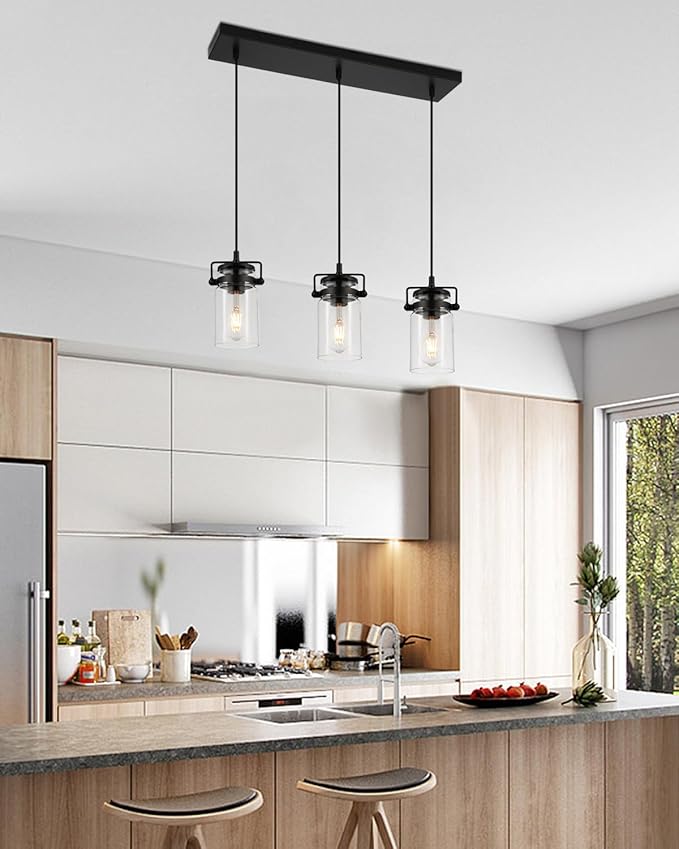 Pendant Lighting for Kitchen Island, Modern Glass Pendant Light Linear Chandelier for Dining Room Industrial Hanging, 3 Light Fixture Adjustable Cord Farmhouse Ceiling Light Black Finish