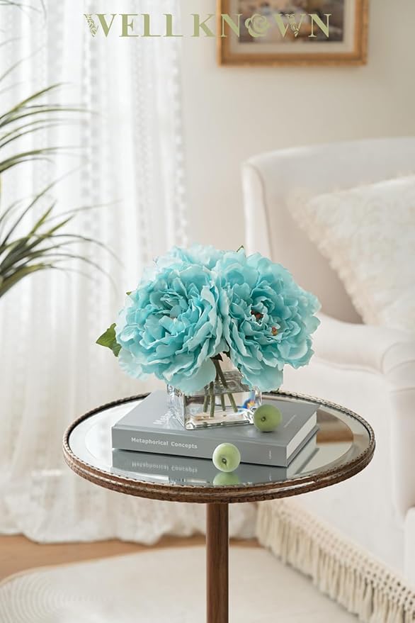 Artificial Peonies Flowers Arrangements in Cube Glass Vase, WELLKNOWN Silk Flower Centerpieces for Dining Room Table, Coffee Table Decor, Faux Peony Flowers with Faux Water(Light Teal Blue)