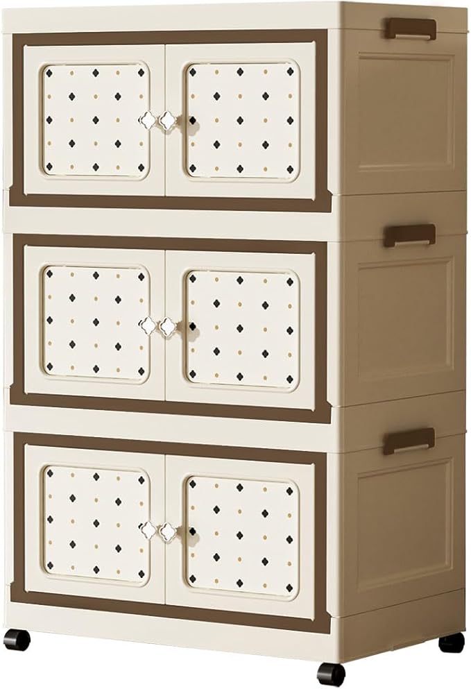 Lockable Storage Bins with Lids, Folding Storage box with Doors and Wheels, Collapsible Plastic Storage Bins for Closets, Stackable Storage Organizer, Storage Containers (Printed, 3-Tier)