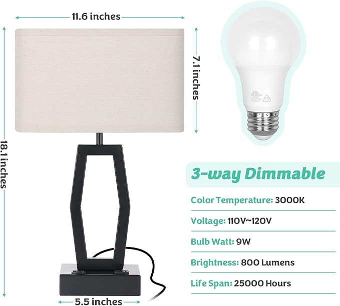 Bedside Lamps with USB Ports and AC Outlet, Touch Control Table Lamp for Bedroom 3-Way Dimmable Nightstand Lamps Set of 2 with for Living Room Dorm Office, LED Bulbs Included