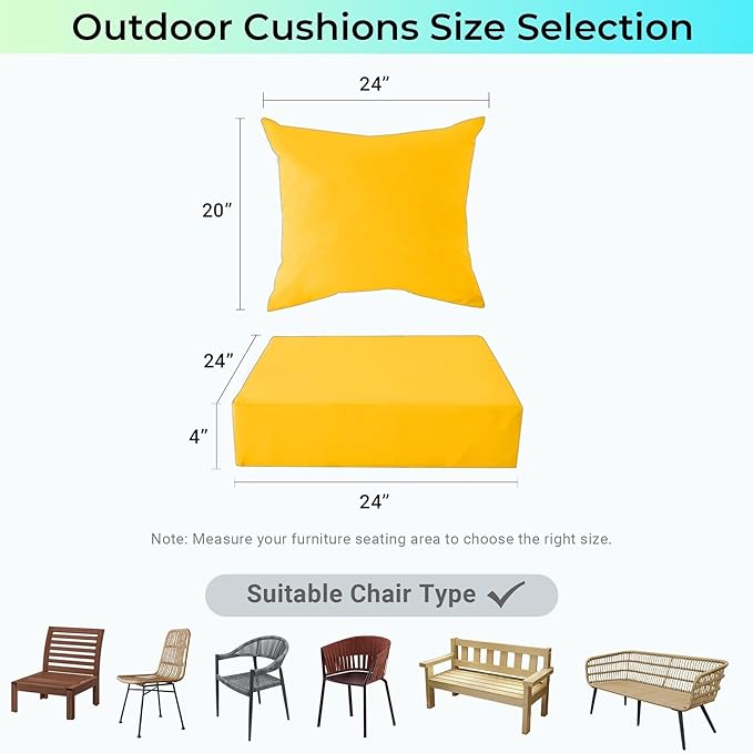 Outdoor Cushions for Patio Furniture,Outdoor Seat Cushion Set 24 x 24 x 4 Inch,Waterproof & Fade Resistant Outdoor Chair Cushions,Deep Patio Chair Cushion with Removable Cover,Yellow