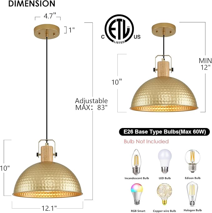 12 Inch Gold Pendant Lights Hammered Matte Pendant Lights for Kitchen Island Industrial Farmhouse Adjustable Height Dome Hanging Light Fixtures for Barn, Dining Room 1 Pack
