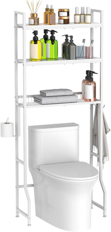 Over Toilet Storage 3 Tier Bathroom Organizer Over Toilet Above Toilet Storage Rack Freestanding Bathroom Space Saver Over Toilet Bathroom Organizer White for Restroom, Laundry, Wooden