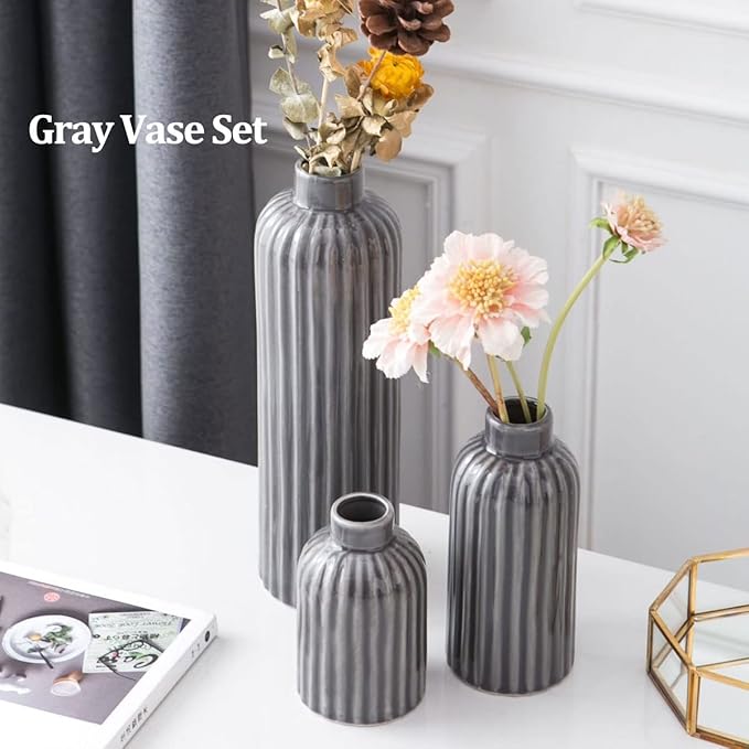 Gray Ribbed Ceramic Vase Set, 3 Gray Small Vase, 3 Piece Set of Glazed Decorative Grey Vases, Living Room, Table, Fireplace Mantel, Kitchen, Bathroom, Mantle Farmhouse Decor Small Vase