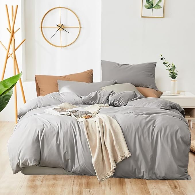 Pureant Silver Grey Comforter Sets Full Solid Light Gray Bedding Comforters Cotton Women Men Plain Elegant Warm Blankets Adults Teens Pale Color Quilts Durable Soft Pure All Full(80''*90''-Comforter)