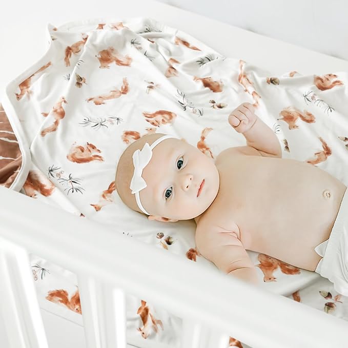 GRSSDER Baby Blankets Super Soft Stretchy Jersey Swaddle Blanket 2 Pack for Girls and Boys, Double Layer Reversible Receiving Blankets 34 x 44, Extra Large for Swaddling, Squirrel & Jungle