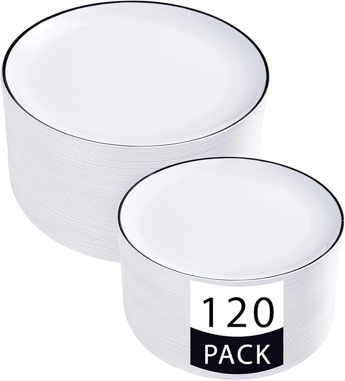 LIYH 120 Pcs White Plastic Plates with Black Rim - Disposable Plates Dishes for Party Wedding Includes 60 Dinner Plate 10.25" 60 Dessert Plate 7.5" for Party Birthdays 60 Guests