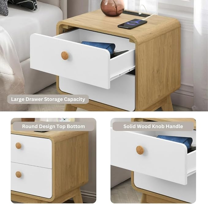 Aries Set of 2 Nightstands with Charging Station, 2 Drawer Bedside Tables with Storage, Night Stands for Bedroom, End Table or Side Table for Living Room, 15.7" x 18.9" x 21.7", Oak/White