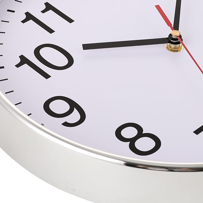 Plumeet Silent Wall Clock - 12" Non Ticking Quartz Black Wall Clocks - Simple Design Wall Clocks for Living Room Decor, Battery Operated, Chrome