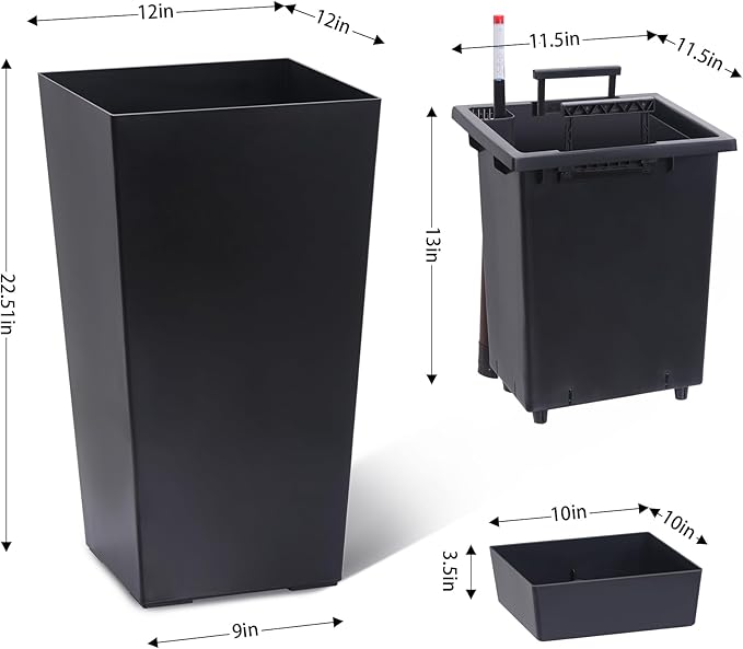 GAOMON 23" Tall Planters Set of 2, Outdoor＆Indoor Black Planter Pots, High Front Porch Planter Pots with Drainage Holes＆Water Level Monitor＆Inner Bucket, Automatic Watering, Convenience Instill