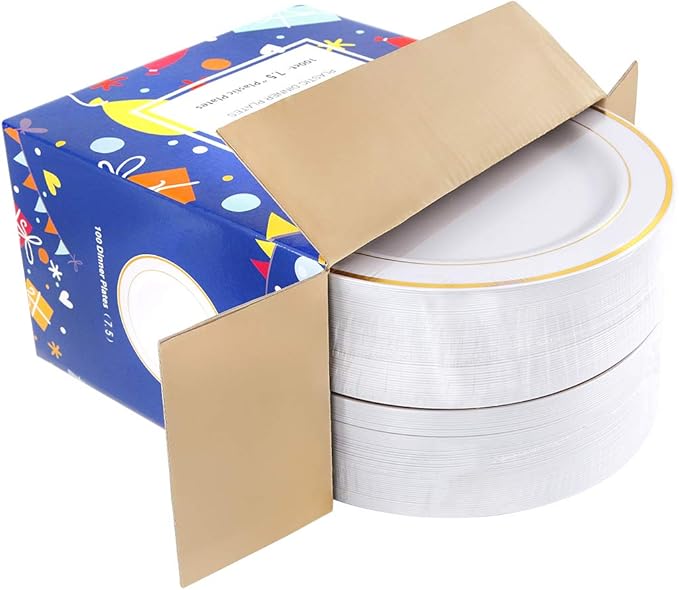 bUCLA 100Pieces Gold Plastic Plates-7.5inch White and Gold Disposable Salad/Dessert Plates - Ideal for Weddings, Party