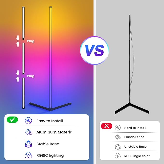 LED Corner Lamp, RGB Corner Floor Lamp with APP and Remote Control, 16 Million Colors & 68+ Scene Color Changing Ambience Light with Music Sync for Living Room, Bedroom, Gaming Room