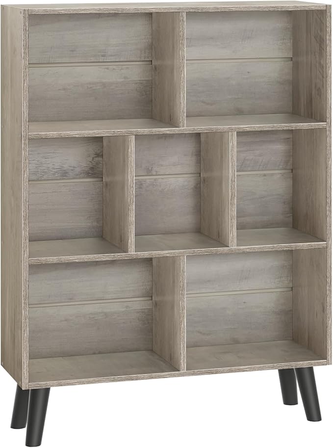 LEYAOYAO 7 Cube Bookshelf, 3 Tier Modern Bookcase with Legs, Mid-Century Modern Wood Book Shelves Storage, Retro Grey Book Case, Freestanding Organizer Display Shelf for Bedroom,Living Room,Office