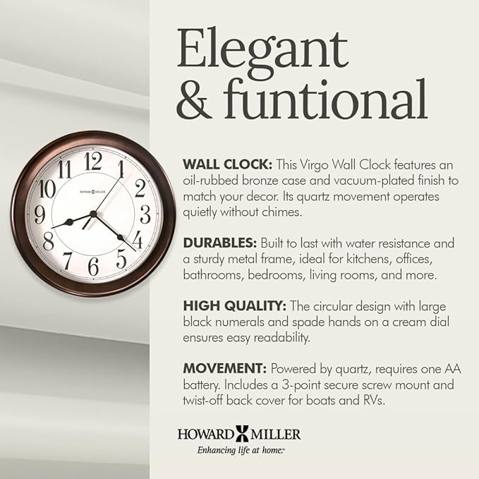 Howard Miller Virgo Wall Clock - Round Analog Clock, Battery Operated with Quartz Movement, Sturdy Metal Frame, Modern Display, Easy-to-Read Numerals - Ideal for Kitchen, Bedroom, & Living Room Decor