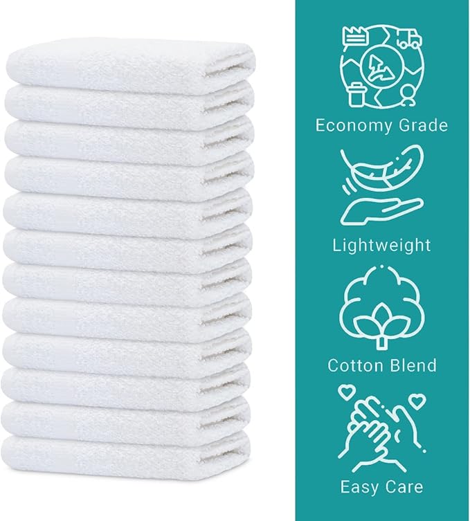 GOLD TEXTILES 48 Pack Economy White Washcloths Set (12x12 inches) - Cotton Blend Commercial Grade Cleaning Rags, Quick Drying & Soft Face Cloths, Fingertip Towels for Bathroom, Spa, Gym, and Kitchen
