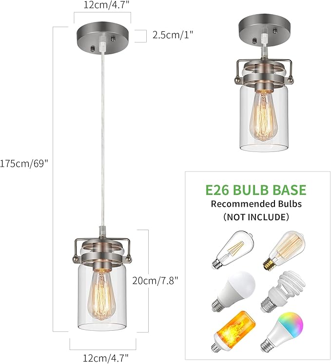 Industrial Pendant Lighting for Kithen Island, Brushed Nickel Pendant Light Fixture with Clear Glass Shade Modern Mini Ceiling Light Fixture Adjustable Kitchen Island Lighting(E26 Base)