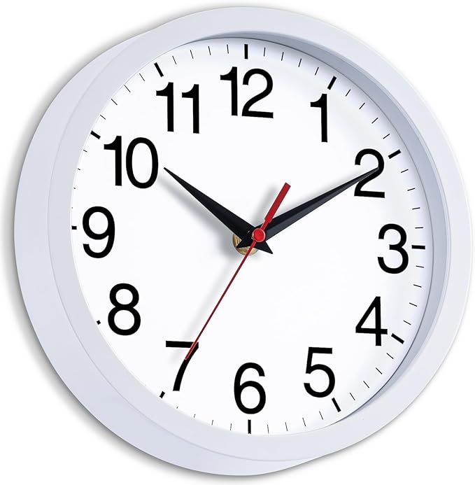 Wall Clock Modern 10 Inch Battery Operated Silent Non Ticking Analog Clock Decorative for Bedroom Kitchen Bathroom Office Home (White)