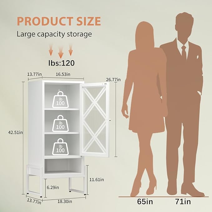 LEYNOT Small Bathroom Storage Cabinet 42.51“H Metal Bathroom Floor Cabinet with Adjustable Shelves for Pantry，Kitchen, Home Office, Living Room, Dinning Room (White+Transparent Door Panel)