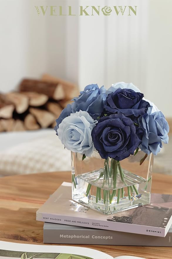 WELL KNOWN Rose Artificial Flowers in Vase with Faux Water, Silk Rose Table Centerpieces for Home Coffee Table Decor, Fake Roses Flower Arrangements for Office Hotel Lavatory Decor (Blue)