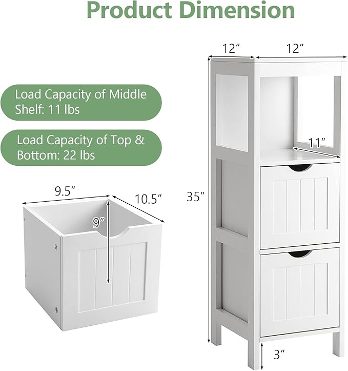 Tangkula Small Bathroom Storage Cabinet with 2 Removable Drawers, Wood Freestanding Floor Cabinet for Bathroom, Anti-Tipping Device, Side Corner Cabinet for Small Spaces (White)