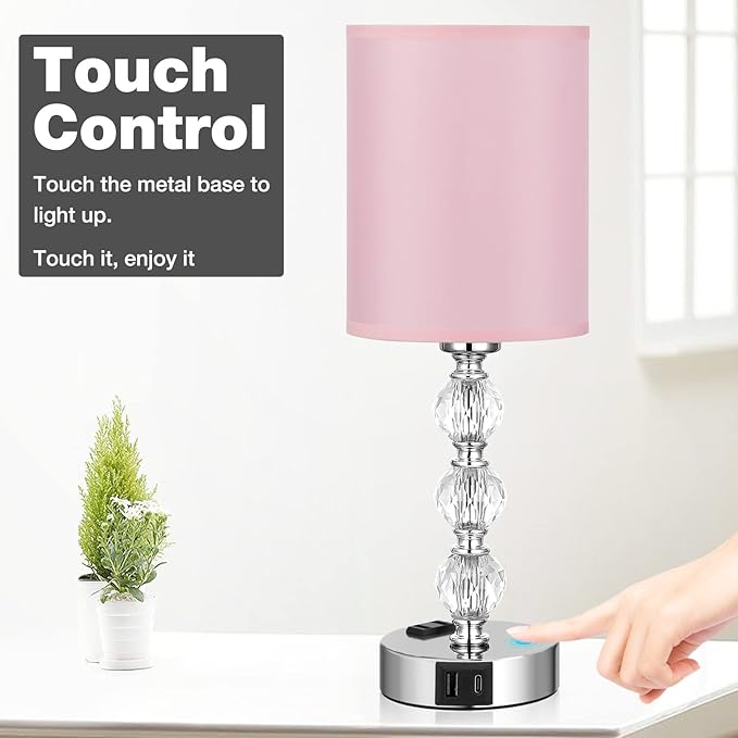 Pink Touch Bedside Lamps for Bedrooms - Crystal Table Lamp with USB C+A Charging Port and AC Outlet Nightstand, 3 Way Dimmable Silver Small End Side Table Lamp for Living/Guest/Dinning Room/Kitchen