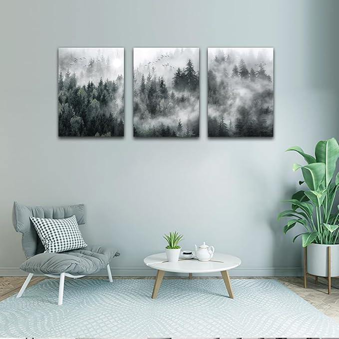DZRWUBHS 3 Pieces Wall Decor Living Room Canvas Wall Art For Bedroom Office Decoration Foggy Forest Trees Scenery Wall Painting Landscape Wall Pictures Prints Artworks Ready To Hang Room Home Decor