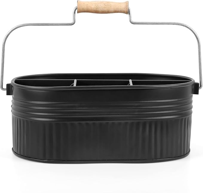 Alpha Living Home Galvanized Utensil Caddy with Handle, 4-Compartment Flatware Organizer for Kitchen Counter, Buffet, BBQ, Picnic, Party – Rustic Farmhouse Style, Matte Black Metal Storage Bin