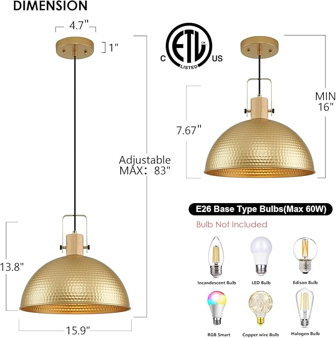 16 Inch Gold Pendant Lights Hammered Matte Pendant Lights for Kitchen Island Industrial Farmhouse Adjustable Height Dome Hanging Light Fixtures for Barn, Dining Room 1 Pack