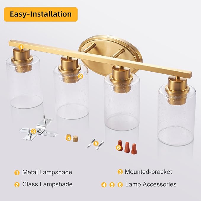 Modern Brushed Gold Bathroom Vanity Light Fixtures Over Mirror, 4 Light Rectangular Wall Mount with Clear Seeded Glass, Anti-Rust, 24.02 x 11.61 x 8.07 inches