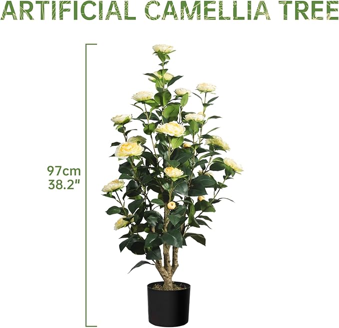 Romantic Season 2Pack Artificial Camellia Tree, 3FT Yellow Faux Camellia Plant for Modern Home, Office & Living Room Floor Decor