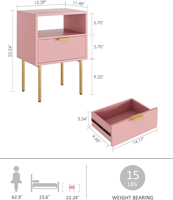 Nightstand,Morden Bedside Table with Gold Frame,Small White Night Stand,End Table,Bedside Furniture,Side Table with Drawer and Shelf for Bedroom,Living Room (1Drawer, Pink)