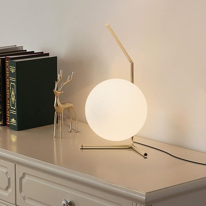 BOKT Mid Century Modern Brass Table Lamp Large Globe Ball Desk Lamp Brush Gold Metal Reading Lamp Industrial Bedside Nightstand Reading Light for Bedroom, Kids Room, Office