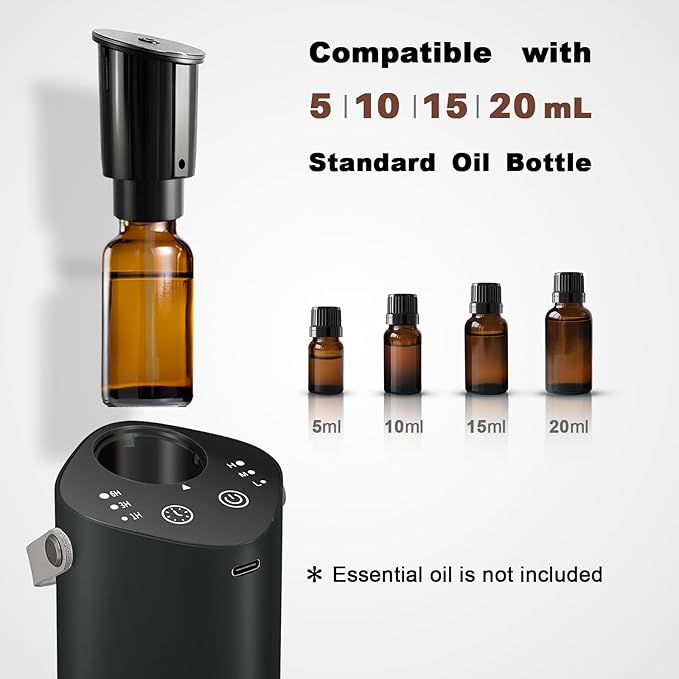 Car Waterless Essential Oil Diffuser with Handle, Timer (1/3/6H & Off), L/M/H Mist, Small Scent Aromatherapy Diffuser, Rechargeable Portable Cordless Air Aroma Diffuser for Home Office Bathroom, Black