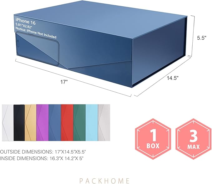 PACKHOME 17x14.5x5.5 Inches, Extra Large Gift Box with Lid, Magnetic Closure Box for Clothes and Large Gifts (Glossy Blue)