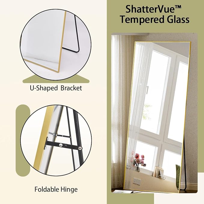BEAUTYPEAK Gold Full Length Mirror, 58"x18" Standing Hanging or Leaning Against Wall Floor Mirrors Body Dressing Wall-Mounted for Living Room, Bedroom with Aluminum Alloy Thin Frame