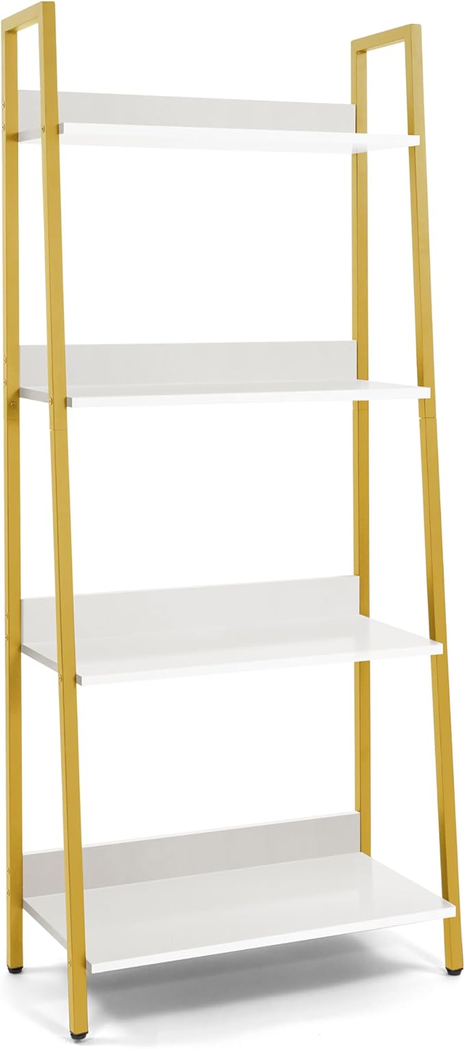 CAPHAUS 4 Tier Ladder Bookshelf, 24 Inch Width Free Standing Shelf, Bookcase Shelf Storage Rack Organizer, Industrial Book Shelves for Home Office, Living Room, Kitchen, White Shelves & Gold Frame